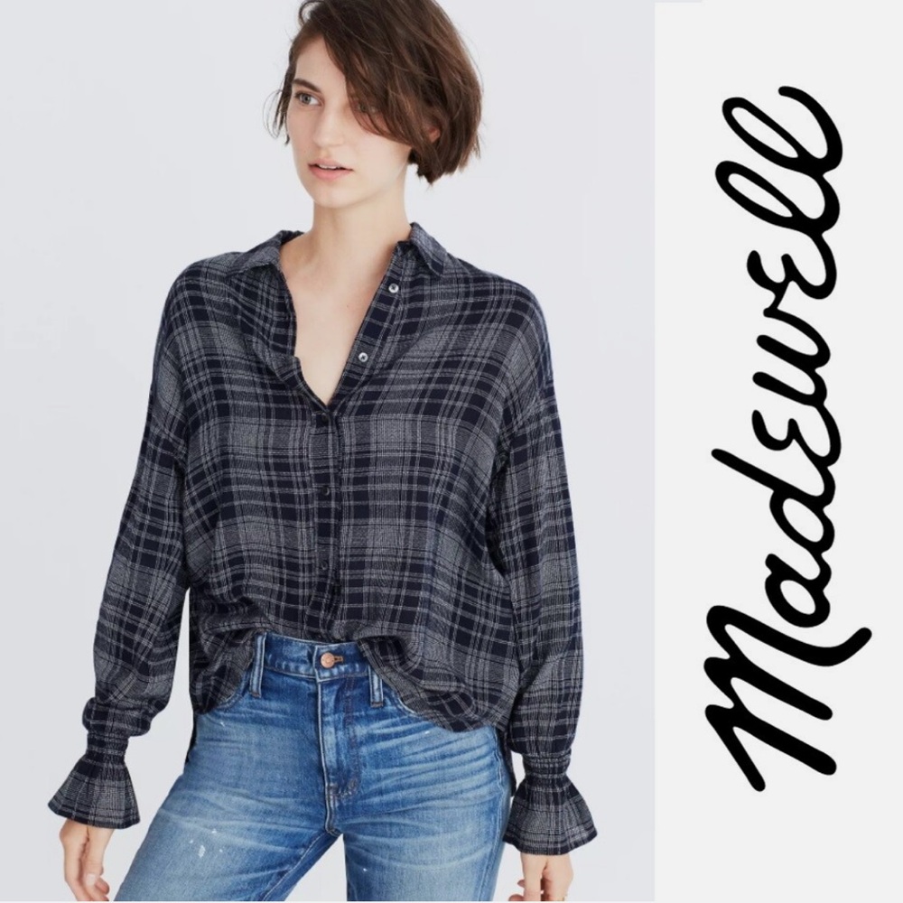 Madewell Westward Bell-Sleeve Shirt in Plaid – XS – Navy/White – NWT Style G7430